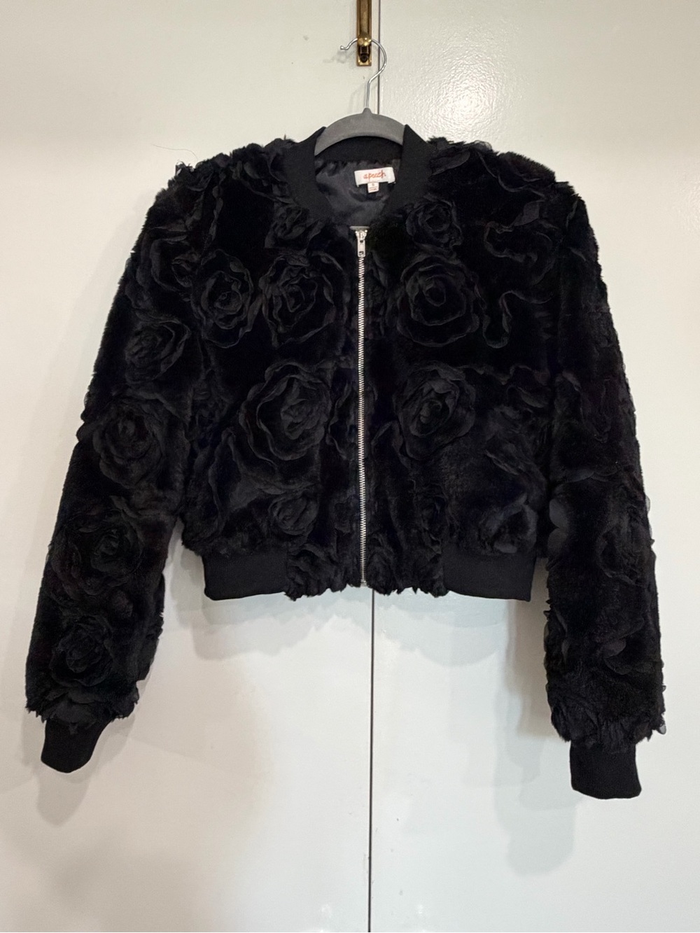 Black Floral Faux Fur Bomber Jacket